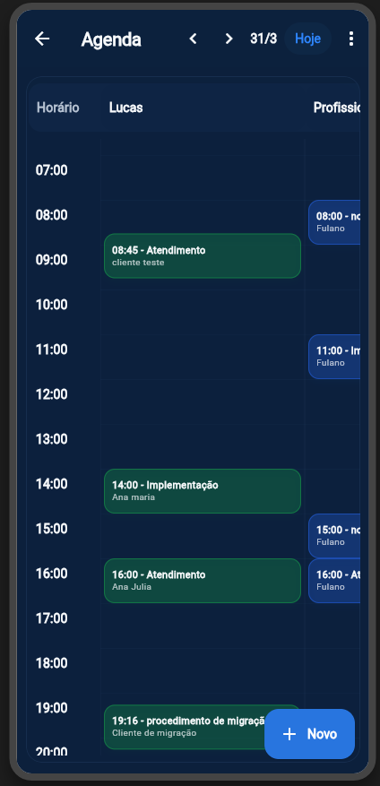 Tela da agenda operacional do Horaflow com horários e atendimentos por profissional