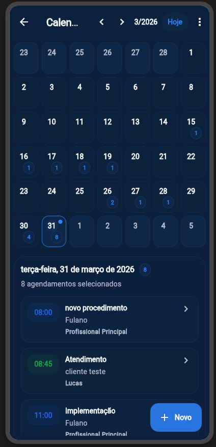 Agenda do Horaflow com calendário, atendimentos selecionados e botão para novo atendimento