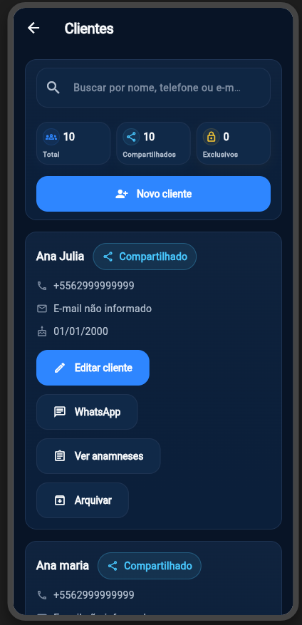 Tela mobile de clientes do Horaflow com busca, indicadores e ações operacionais