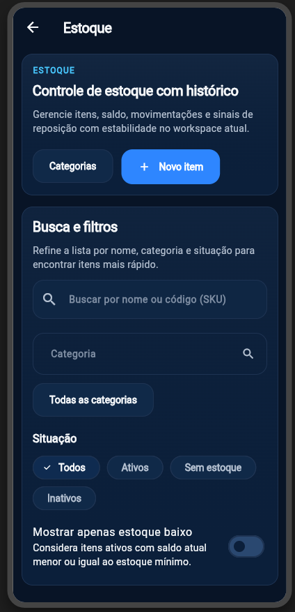 Tela mobile de estoque do Horaflow com busca, filtros e controle de saldo