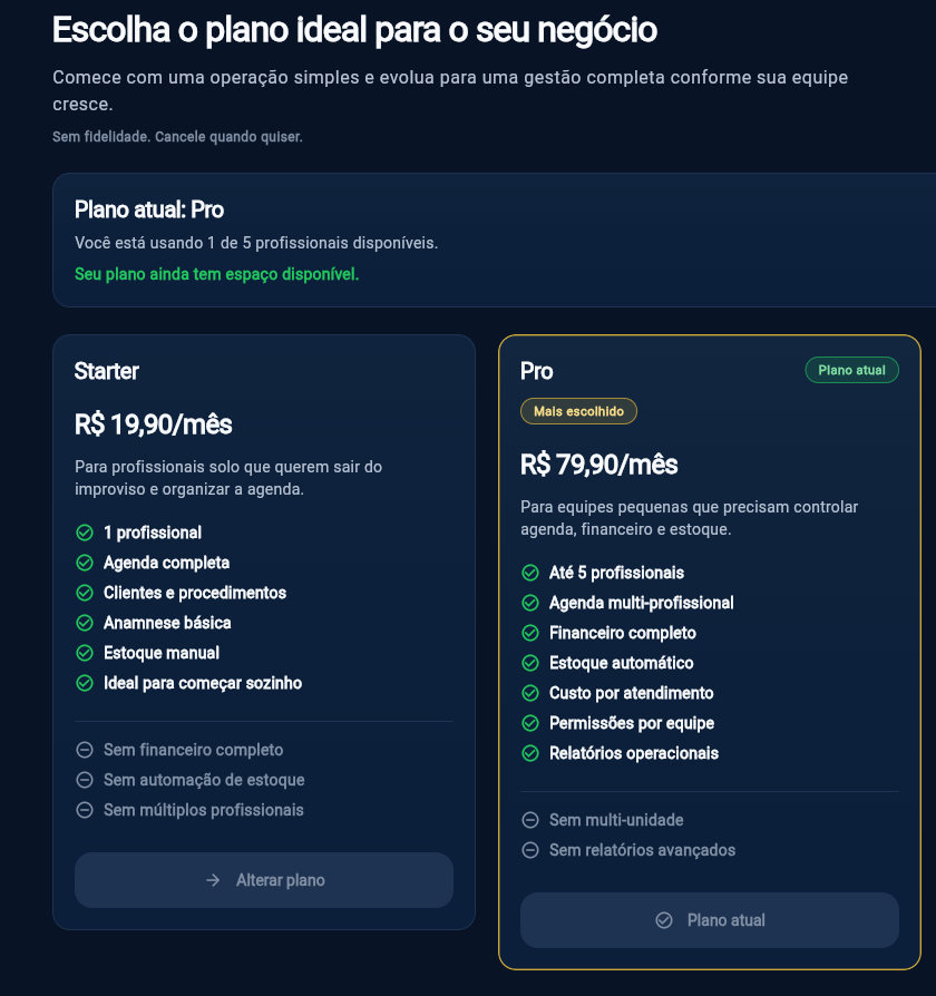 Tela de comparação de planos do Horaflow com Starter, Pro e Premium